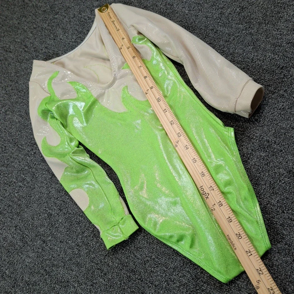 Alpha Factor Y2K Gymnastics Leotard Child M Green Metallic Flame Long Sleeve